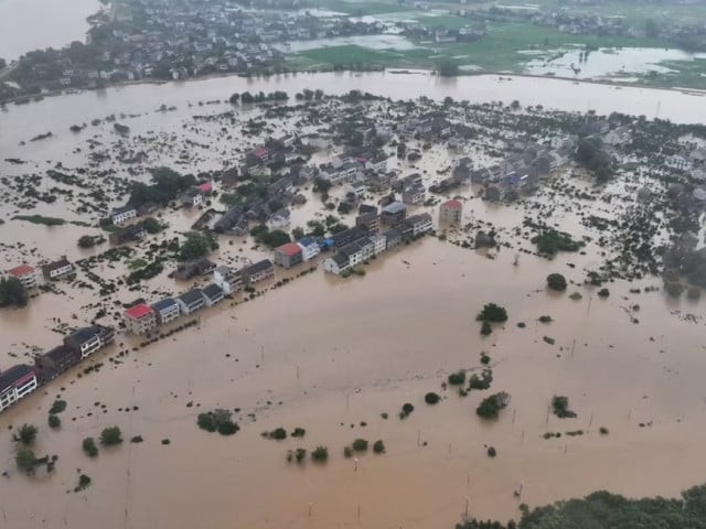 a drone view shows flooded buildings following heavy rainfall in the region in caoshi town of hengyang hunan province china july 28 2024 china daily photo via reuters